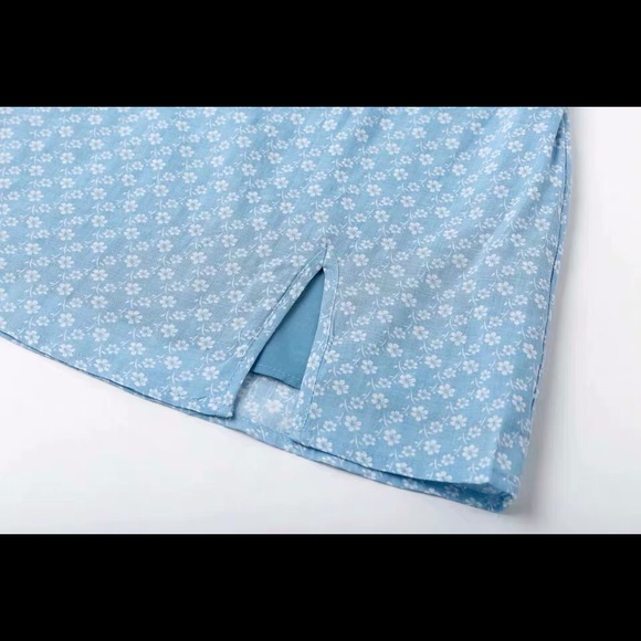 Cute Baby Blue Summer Floral Front Slit Dress - Picture 3 of 3